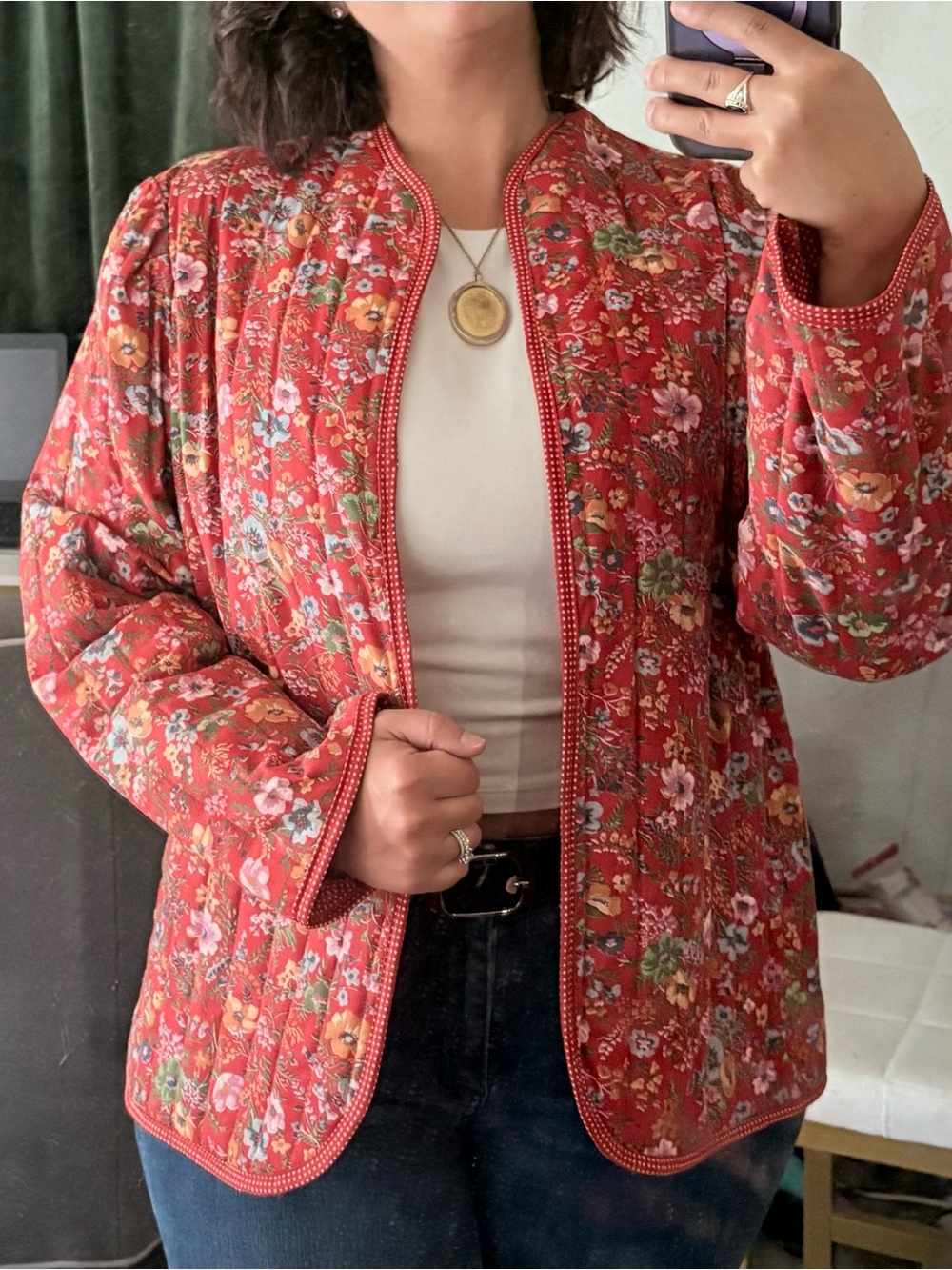 Vintage Fritzi Floral Quilted Jacket Red Cottagecore Open Front